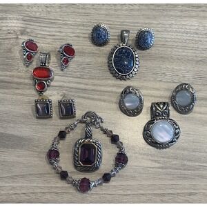 Jewelry Lot Earrings Pendants Bracelet Sets Red Blue Silver Tone Statement